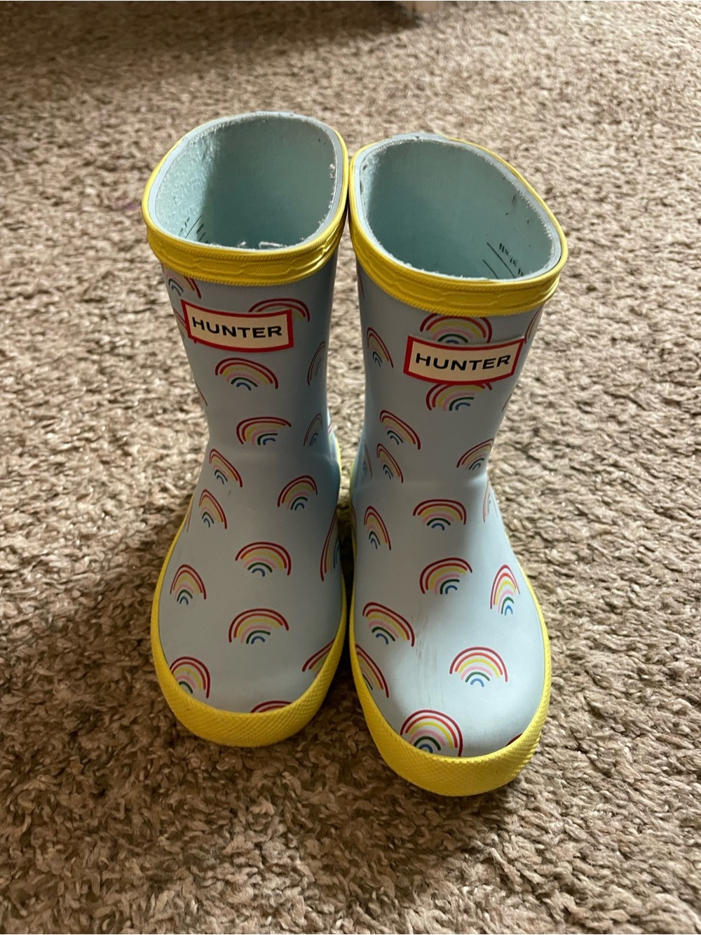 Hunter Kids Light Blue Rain Boots with Yellow Trim and Rainbow Print